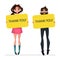 Cute brunette girl and boy holding blank board banner thank you in hands