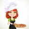 Cute brunette girl chef in black apron offers a taste of pizza