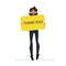 Cute brunette man holding blank board banner thank you in hands