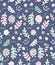 Cute Brushed Floral Vector Pattern. Pastel Colors. Dark Blue Background