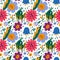 Cute bugs seamless pattern. Cartoon print with insects and colorful flowers. Grasshoppers and worms on blooming meadow