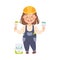 Cute Builder with Brushes and Cans of Paint, Little Girl Painter Character in Hard Hat and Blue Overalls with