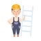 Cute Builder with Ladder, Little Boy in Hard Hat and Blue Overalls with Construction Tools Cartoon Style Vector
