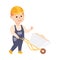 Cute Builder Pushing Wheelbarrow Full of Sand, Little Boy in Hard Hat and Blue Overalls with Construction Tools Cartoon