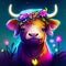 Cute bull with flowers in her hair on a dark background. generative AI