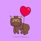 Cute bull flying with love shaped balloons. Animal cartoon concept isolated. Can used for t-shirt, greeting card, invitation card