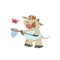 Cute bull, ox or bison catching butterfly with his scoop-net. 2021 chinese year of bull symbol. Cartoon hand drawn style. May vect