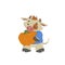 Cute bull, ox or bison taking a pumpkin. 2021 chinese year of bull symbol. Cartoon hand drawn style.
