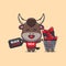 Cute bull with shopping cart in black friday cartoon illustration.