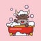 Cute bull taking bubble bath in bathtub.