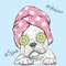 Cute Bulldog in a towel with cucumbers on her eyes. Spa treatment.