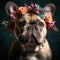 Cute bulldog wearing wreath of flowers