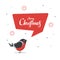 Cute bullfinch with red speech bubble. Merry Christmas. Design greeting card template. Vector illustration in flat style