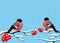 Cute bullfinches sit on rowan branches.