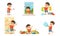 Cute Bully Boy Collection, Funny Hoodlum Little Kid in Different Situations, Bad Child Behavior Vector Illustration