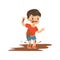 Cute bully boy jumping in a dirt, hoodlum cheerful little kid, bad child behavior vector Illustration