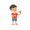 Cute bully boy with a slingshot, hoodlum cheerful little kid, bad child behavior vector Illustration