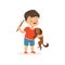 Cute bully boy teasing little dog, hoodlum cheerful little kid, bad child behavior vector Illustration