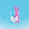 Cute bunnies as happy lovers couple with white heart on blue background, creative Valentine`s day card. Minimal style