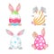 Cute bunnies behind Easter eggs cartoon characters set