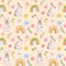 Cute bunnies, flowers and rainbows seamless pattern. Watercolor hand-painted print. Easter background