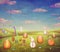 Cute bunnies on a hill surrounded by easter eggs