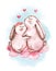Cute bunnies rabbits hug. Watercolor bunnies rabbits and pink peonies flower illustration.