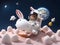 a cute bunny astronaut who landed on a sweet cotton candy planet