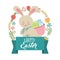 Cute bunny carrying basket eggs wreath floral happy easter