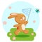Cute bunny catching butterflies with net, summer rabbit chatacter, cartoon flat style, vector illustration