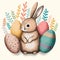 Cute Bunny Character With Colorful Printed Eggs Against Leaves For Happy Easter Concept