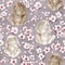 Cute bunny, cherry blossom seamless pattern. Funny brown and white rabbits sitting with flowers, romantic illustration