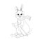 Cute bunny for coloring book. Rabbit skiing. Black and white coloring page. Isolated vector outline illustration