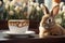 Cute bunny and cup of coffee on table in cafe, closeup, Chocolate Easter bunny sitting beside a coffee latte, AI Generated