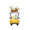Cute bunny driving yellow vintage car with basket full of eggs , funny rabbit character, Happy Easter concept cartoon