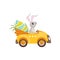 Cute bunny driving yellow vintage car decorated with Easter eggs, funny rabbit character, Happy Easter concept cartoon