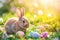 Cute bunny with easter eggs in sunny garden