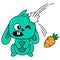 Cute bunny is feeling sick from falling carrots, doodle icon image kawaii