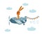 A cute bunny flies on a plane among the clouds. Funny kids rabbit pilot. Children illustration. Vector hand drawn