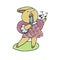 Cute bunny girl in a dress sings karaoke. Vector hand drawn cartoon illustration