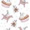 Cute bunny. Hand drawn watercolor seamless pattern with rabbit cartoon animals, birthday cake, anise, gingerbread and star. Celebr