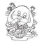 Cute bunny holds in its paws a large wicker basket with flowers and flowers grow around it, drawing in outline,