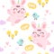 Cute Bunny horn cartoon rabbit Seamless pattern cheerful flower and sweet bird: Series Kawaii animal Girly doodles