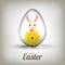 Cute bunny illustration inside transparent easter egg with beautiful flower on glossy background.