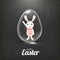 Cute bunny illustration inside transparent easter egg on glossy black background.