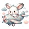 cute bunny pilot on airplane watercolor illustration.AI Generate