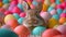 Cute bunny with a plethora of vibrant Easter eggs.