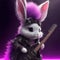 cute bunny punk, dressed as a rock star, wore an intricately detailed black designer jacket with a purple light.