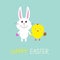 Cute bunny rabbit and chicken holding eggs. Happy Easter. Round frame. Flat design.