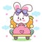 Cute bunny rabbit drives a car delivery carrot. Series: Kawaii vector animal driving Happy Easter egg hunting
